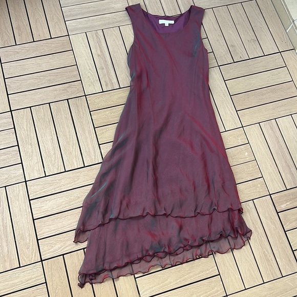 Miller Shor burgundy color shiny silk slip on dress with layered ruffles. - Picture 6 of 9